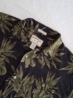 Bamboo Cay Mens XL Hawaiian Shirt Black Olive Green Rayon Tropical Floral Leaf